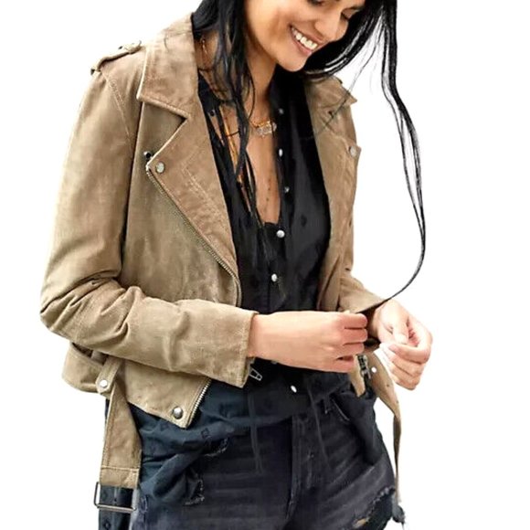 Anthropologie BLANKNYC L NWT Sueded Leather Moto Jacket Motorcycle Taupe Large - Picture 2 of 6